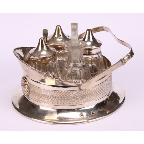 572 - An early 20th century E.P.N.S novelty four-bottle cruet, as an officer's cap, engine turned band, 13... 