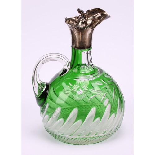 674 - A German silver mounted Bohemian green overlaid glass claret jug, 22cm high, 800 halbmond und krone ... 