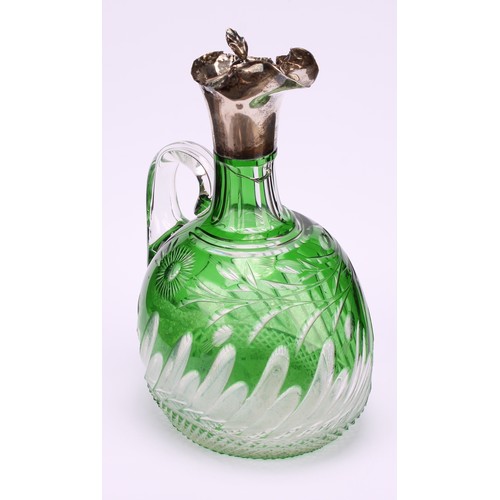 674 - A German silver mounted Bohemian green overlaid glass claret jug, 22cm high, 800 halbmond und krone ... 