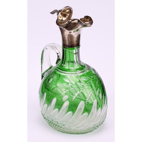 674 - A German silver mounted Bohemian green overlaid glass claret jug, 22cm high, 800 halbmond und krone ... 