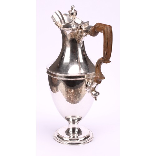 542 - A George III Old Sheffield Plate baluster wine jug, hinged cover with urnular finial, beaded borders... 