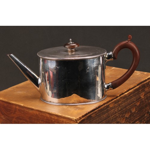 642 - A George III silver oval drum shaped teapot, quite plain, milled borders, scroll capped handle, 26.5... 