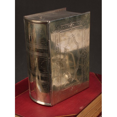 561 - A Victorian E.P.N.S novelty biscuit box, as a book, hinged cover, 21cm wide, c.1870