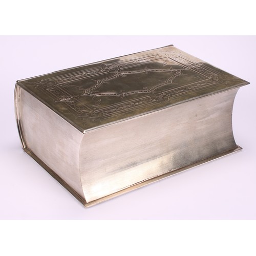 561 - A Victorian E.P.N.S novelty biscuit box, as a book, hinged cover, 21cm wide, c.1870