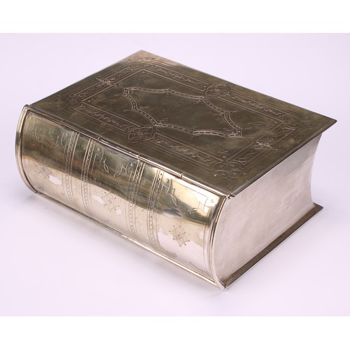 561 - A Victorian E.P.N.S novelty biscuit box, as a book, hinged cover, 21cm wide, c.1870