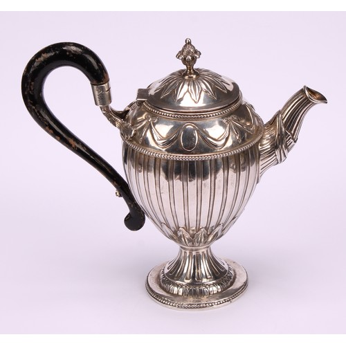 578 - A 19th century Continental silver ovoid pedestal teapot, fluted and chased with Neo-Classical ribbon... 