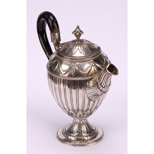 578 - A 19th century Continental silver ovoid pedestal teapot, fluted and chased with Neo-Classical ribbon... 