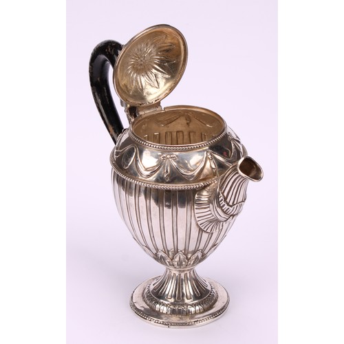 578 - A 19th century Continental silver ovoid pedestal teapot, fluted and chased with Neo-Classical ribbon... 