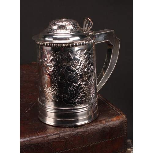 545 - A George III Old Sheffield plate tankard, of Irish interest, hinged domed cover with wire-work cchai... 