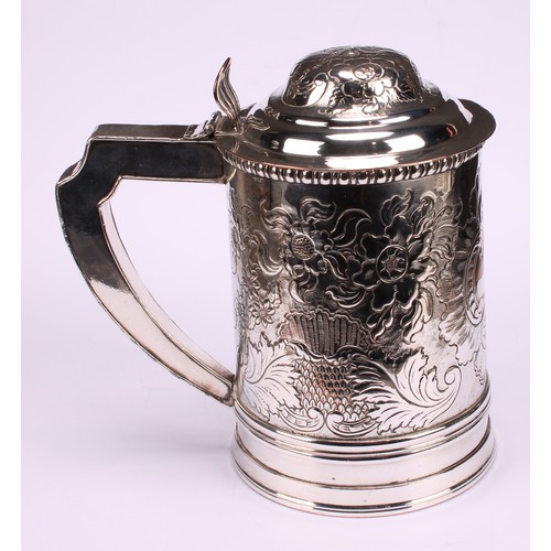 545 - A George III Old Sheffield plate tankard, of Irish interest, hinged domed cover with wire-work cchai... 