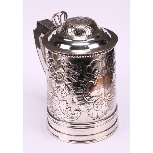 545 - A George III Old Sheffield plate tankard, of Irish interest, hinged domed cover with wire-work cchai... 