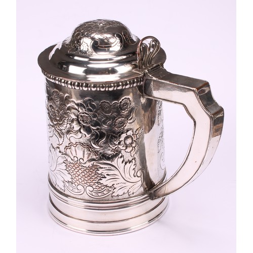 545 - A George III Old Sheffield plate tankard, of Irish interest, hinged domed cover with wire-work cchai... 