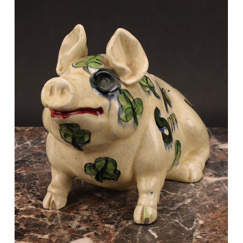 4 - A 19th century English pottery posy vase, modelled as a pig, in the manner of Wemyss, painted in ton... 