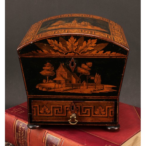 1253 - A Regency penwork domed rectangular work box, hinged cover decorated with a village landscape, meand... 