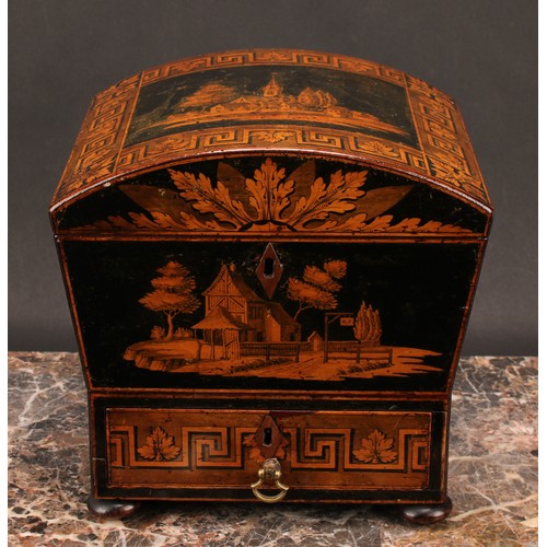 1253 - A Regency penwork domed rectangular work box, hinged cover decorated with a village landscape, meand... 