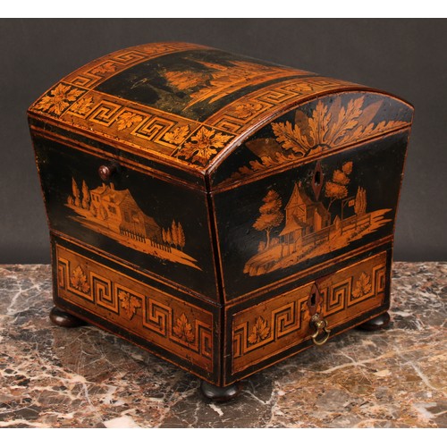 1253 - A Regency penwork domed rectangular work box, hinged cover decorated with a village landscape, meand... 