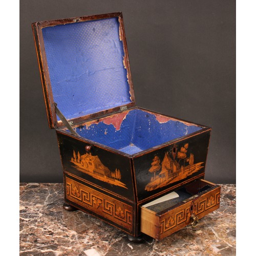 1253 - A Regency penwork domed rectangular work box, hinged cover decorated with a village landscape, meand... 