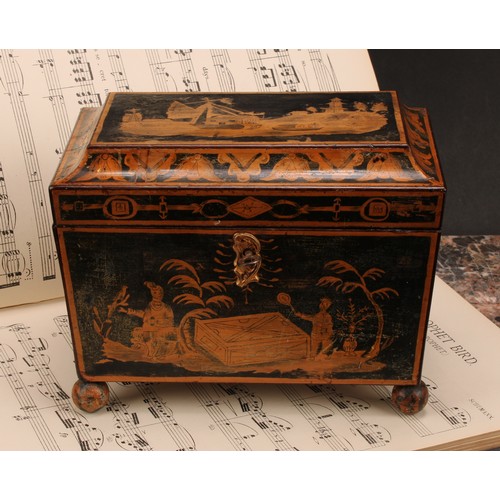 1254 - A Regency penwork sarcophagus tea caddy, decorated in the chinoiserie taste, hinged cover enclosing ... 