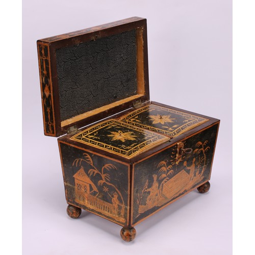 1254 - A Regency penwork sarcophagus tea caddy, decorated in the chinoiserie taste, hinged cover enclosing ... 