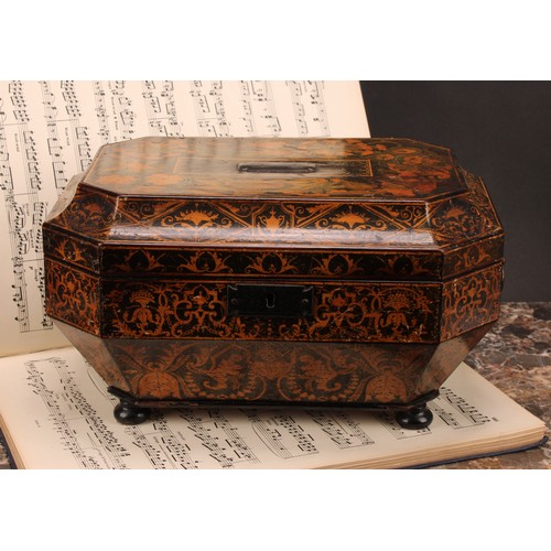 1257 - A Regency penwork work box, decorated in polychrome with botanical specimens and strapwork, hinged c... 