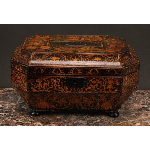 1257 - A Regency penwork work box, decorated in polychrome with botanical specimens and strapwork, hinged c... 