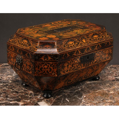 1257 - A Regency penwork work box, decorated in polychrome with botanical specimens and strapwork, hinged c... 