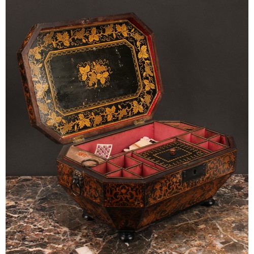 1257 - A Regency penwork work box, decorated in polychrome with botanical specimens and strapwork, hinged c... 