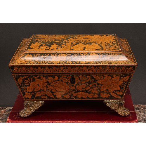 1256 - A Regency penwork sarcophagus work box, decorated in the chinoiserie taste with figures taking tea i... 