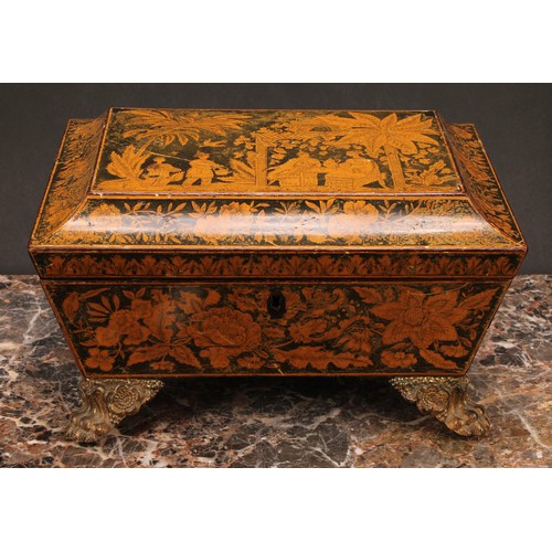 1256 - A Regency penwork sarcophagus work box, decorated in the chinoiserie taste with figures taking tea i... 