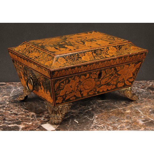 1256 - A Regency penwork sarcophagus work box, decorated in the chinoiserie taste with figures taking tea i... 