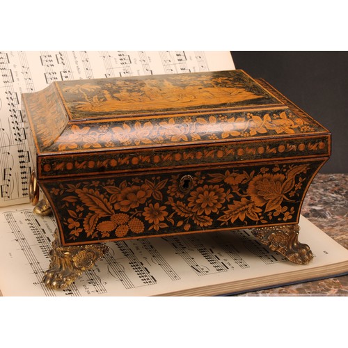 1255 - A Regency penwork sarcophagus work box, decorated in the chinoiserie taste with a Chinese family in ... 