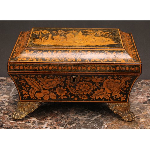 1255 - A Regency penwork sarcophagus work box, decorated in the chinoiserie taste with a Chinese family in ... 