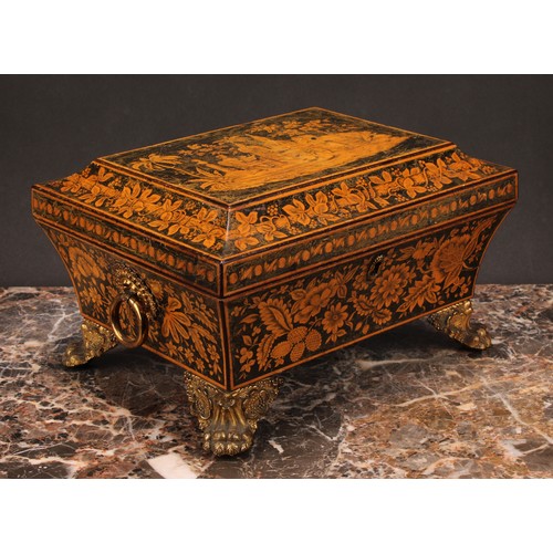 1255 - A Regency penwork sarcophagus work box, decorated in the chinoiserie taste with a Chinese family in ... 