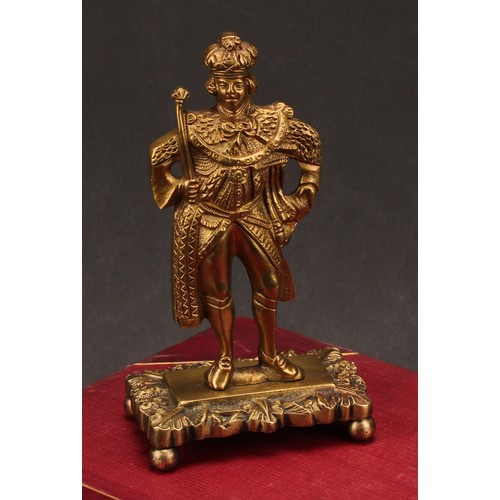 1252 - A post-Regency gilt bronze model, of King George IV in Coronation robes, leafy base, ball feet, 18cm... 