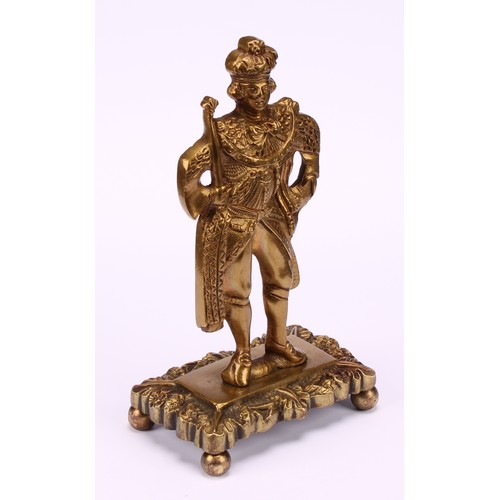 1252 - A post-Regency gilt bronze model, of King George IV in Coronation robes, leafy base, ball feet, 18cm... 