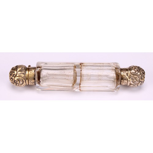 587 - A 19th century gilt silver coloured metal double ended scent bottle, domed screw-fitting and hinged ... 