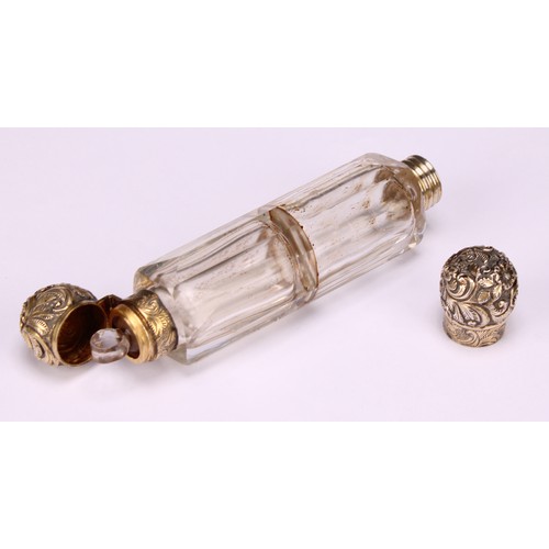 587 - A 19th century gilt silver coloured metal double ended scent bottle, domed screw-fitting and hinged ... 