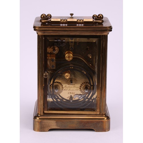 1553 - A large lacquered brass repeater carriage clock, 7cm enamel dial inscribed Matthew Norman, London, R... 