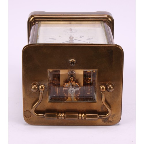 1553 - A large lacquered brass repeater carriage clock, 7cm enamel dial inscribed Matthew Norman, London, R... 