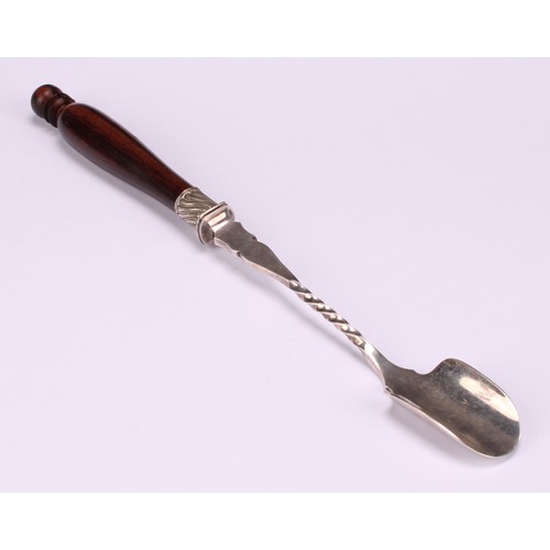 541 - A 19th century silver plated mechanical stilton scoop, turned handle, 32.5cm long; another (2)