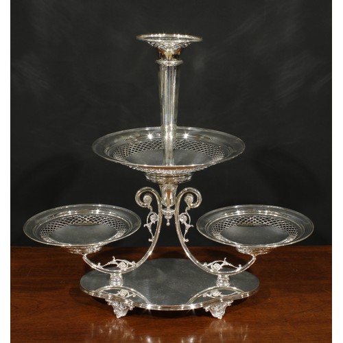 565 - A Victorian E.P.N.S table centre epergne, central trumpet shaped flute above three circular dishes, ... 