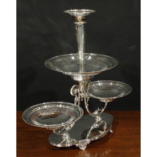 565 - A Victorian E.P.N.S table centre epergne, central trumpet shaped flute above three circular dishes, ... 