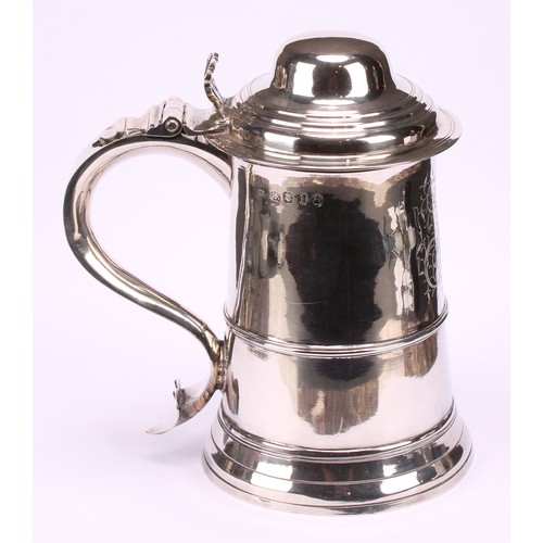 645 - A George III silver spreading cylindrical tankard, hinged domed cover, pierced chair-back thumbpiece... 