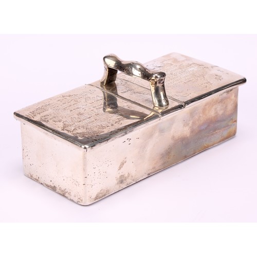 670 - A George V silver twin-compartment butler's cigarette waiting box, shaped carrying handle flanked by... 