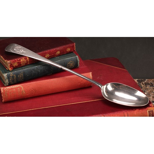 534 - A mid-18th century silver Old English pattern basting spoon, rat-tail bowl, 31cm long