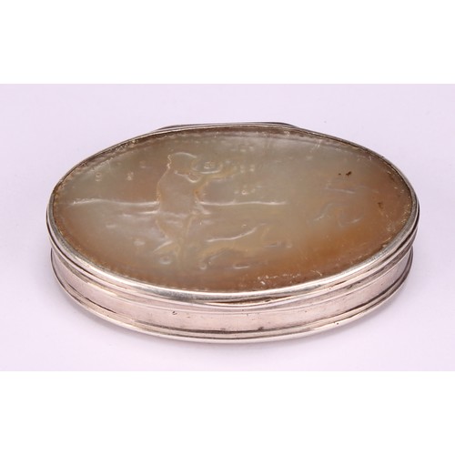 620 - A George I silver and mother of pearl oval snuff box, stand-away hinged cover carved with a hunting ... 