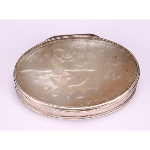 620 - A George I silver and mother of pearl oval snuff box, stand-away hinged cover carved with a hunting ... 