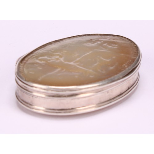 620 - A George I silver and mother of pearl oval snuff box, stand-away hinged cover carved with a hunting ... 