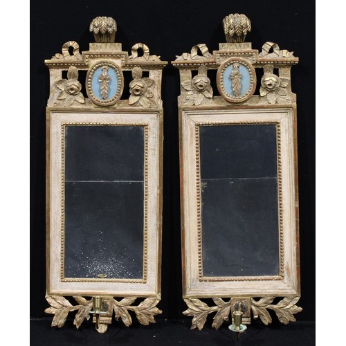 1890 - A pair of 19th century Swedish giltwood and gesso split-plate girandoles, rectangular mirror plates,... 