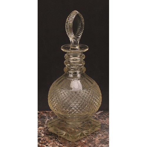 174 - A pair of large post-Regency hobnail-cut glass mallet shaped decanters, probably Irish, each with te... 